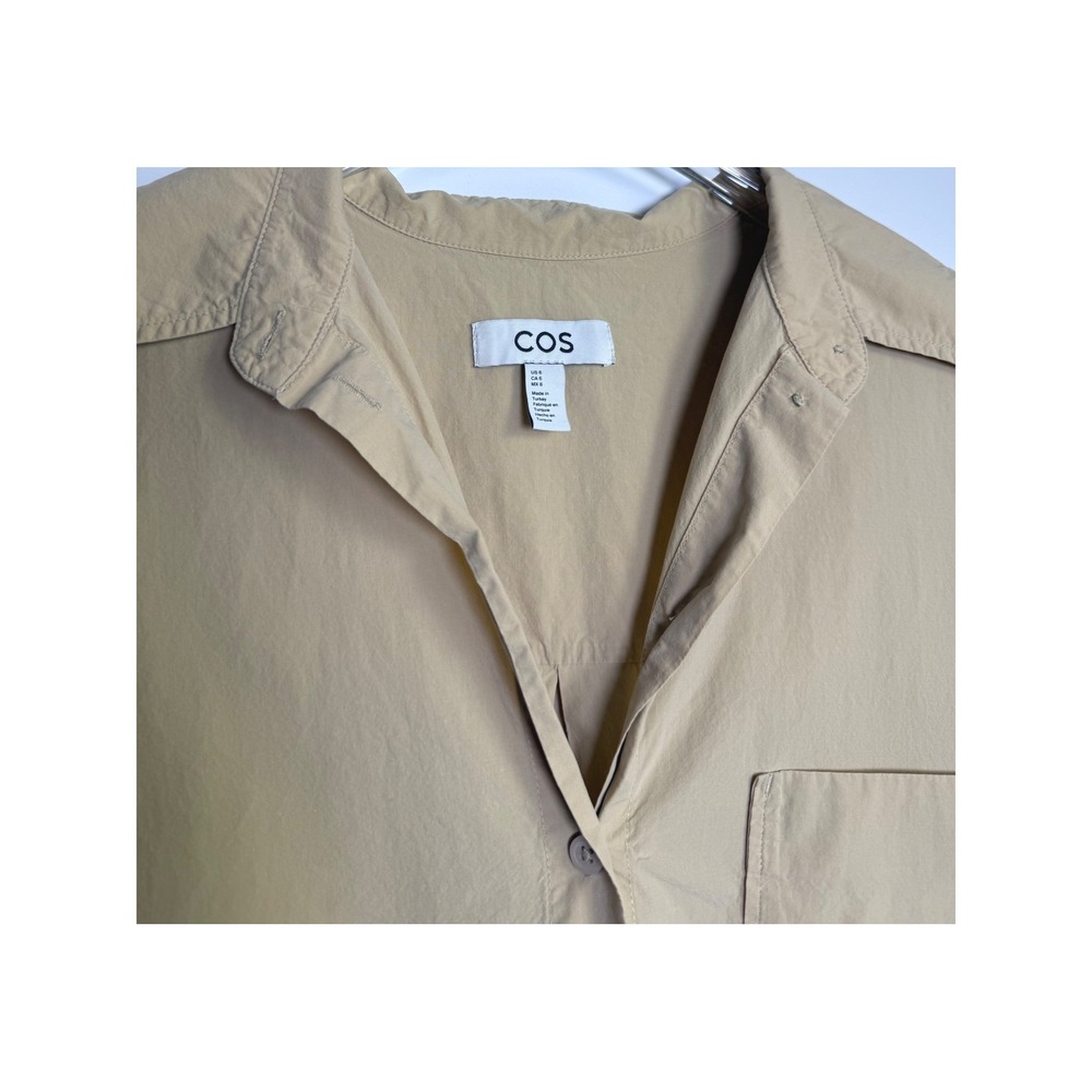 COS Shirt Dress Womens Size 6 Beige Oversized Puff Sleeve Button Front Pocket - Picture 3 of 6